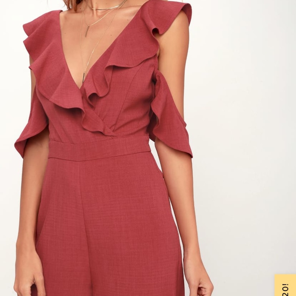 Red Ruffled Wide-Leg Off-Shoulder Jumpsuit - Picture 2 of 8